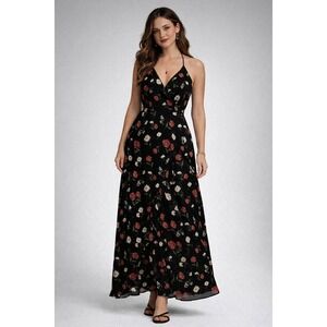 Y2K ND Womens Dress M Black Red Floral Ruffle Long Dark Romantic Whimsigoth